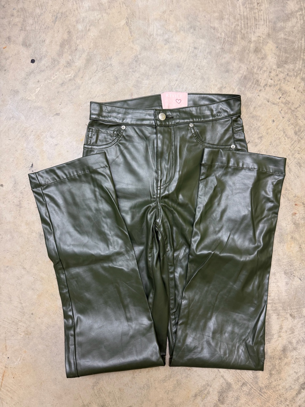 REVICE Olive Green Faux Leather Straight Leg Pants